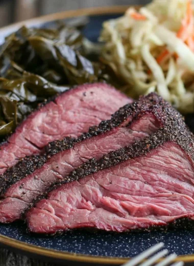 Deliciously smoked tri tip on a wooden platter with herbs and spices.