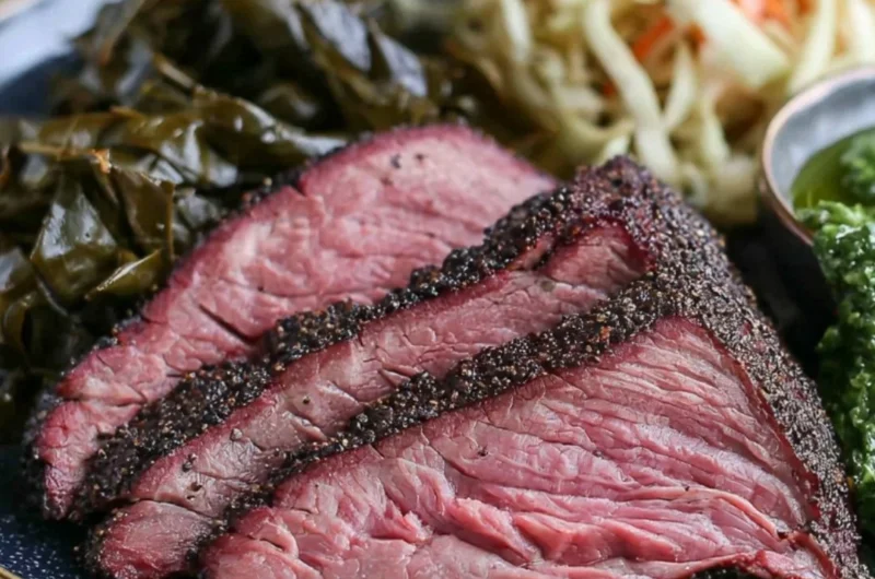 Deliciously smoked tri tip on a wooden platter with herbs and spices.