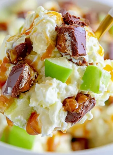 Delicious Snickers Salad with fruits, chocolate, and creamy dressing