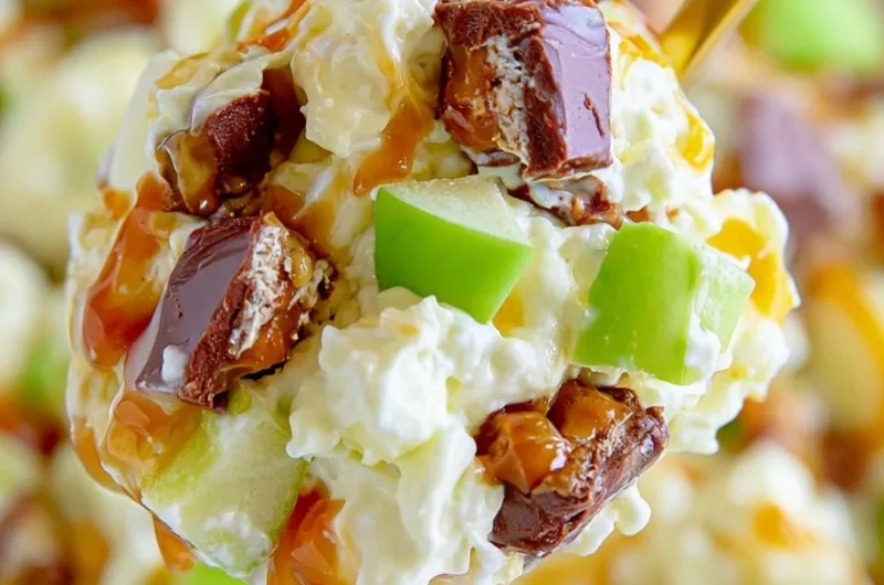 Delicious Snickers Salad with fruits, chocolate, and creamy dressing