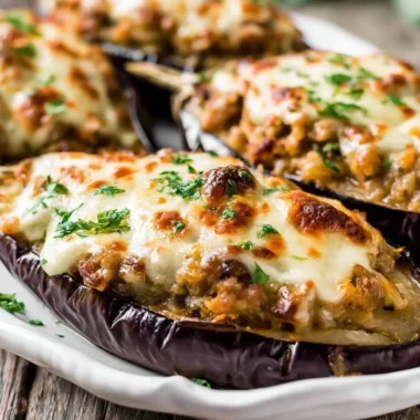 Spanish Stuffed Eggplant filled with savory ingredients and colorful toppings.