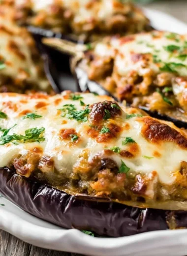 Spanish Stuffed Eggplant filled with savory ingredients and colorful toppings.
