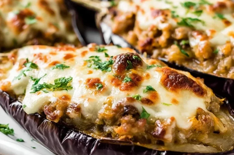 Spanish Stuffed Eggplant filled with savory ingredients and colorful toppings.