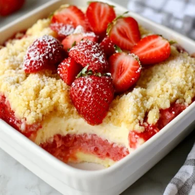 Delicious Strawberry Cheesecake Dump Cake topped with fresh strawberries and whipped cream
