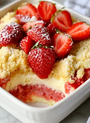 Delicious Strawberry Cheesecake Dump Cake topped with fresh strawberries and whipped cream