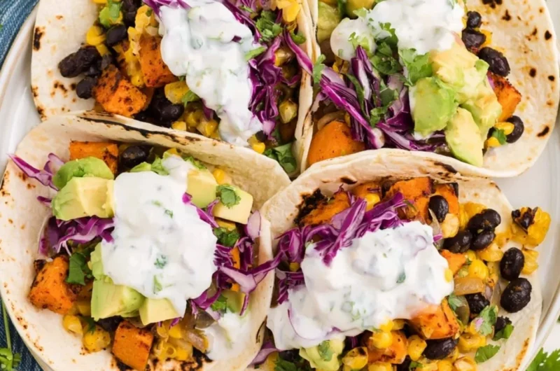 Sweet potato and black bean tacos topped with avocado and cilantro
