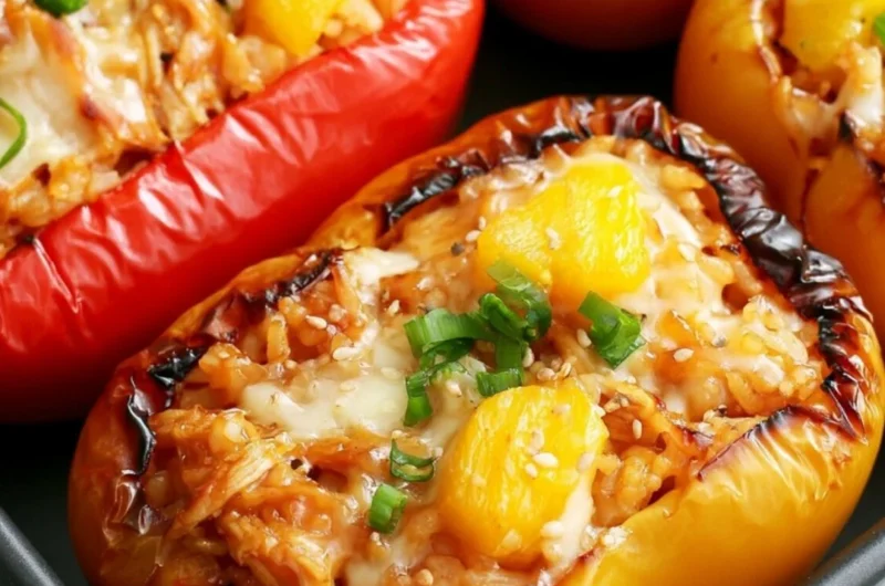 Teriyaki chicken and pineapple stuffed peppers with rice on a plate