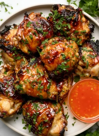 Delicious Thai Grilled Chicken served with fresh herbs and spicy sauce