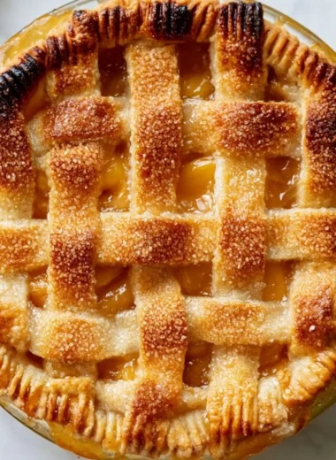 Delicious homemade peach pie with golden crust and fresh peach filling