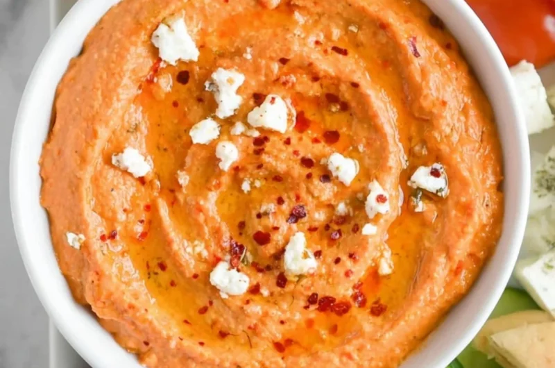 Delicious Tirokafteri, a spicy Greek feta dip served with pita bread.