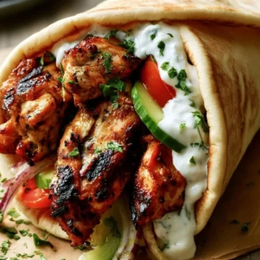 Plate of Authentic Greek Chicken Gyros with chicken, vegetables, and tzatziki sauce