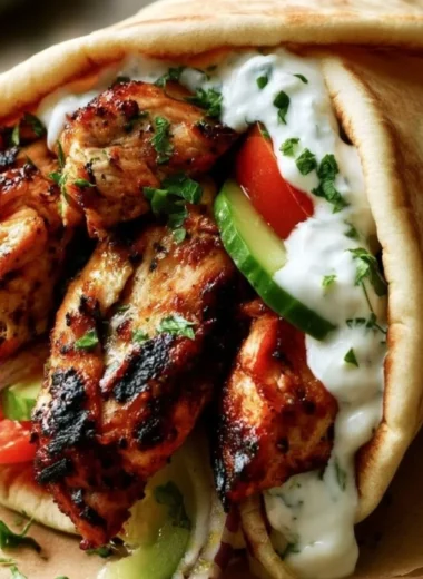 Plate of Authentic Greek Chicken Gyros with chicken, vegetables, and tzatziki sauce