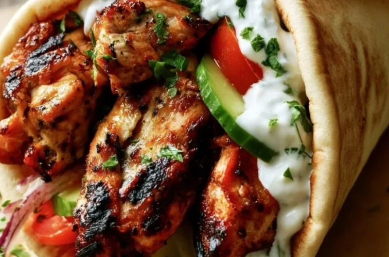 Plate of Authentic Greek Chicken Gyros with chicken, vegetables, and tzatziki sauce