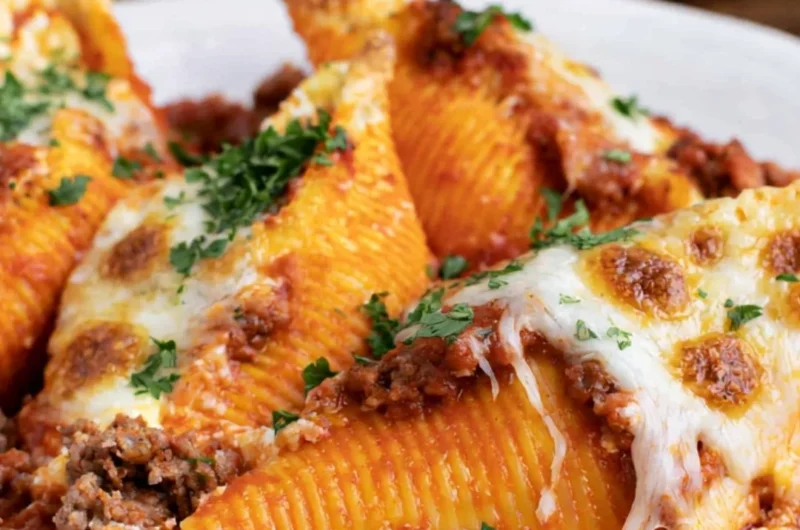 Baked stuffed shells topped with marinara sauce and cheese.
