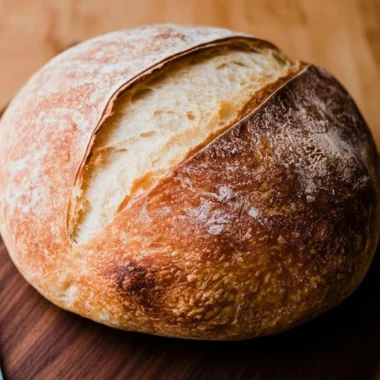 Freshly baked beginners sourdough bread on a wooden table