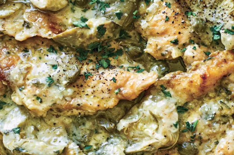 Delicious Chicken Piccata with Artichokes served on a white plate.