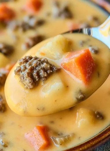 Delicious Crockpot Cheeseburger Soup in a bowl ready to serve
