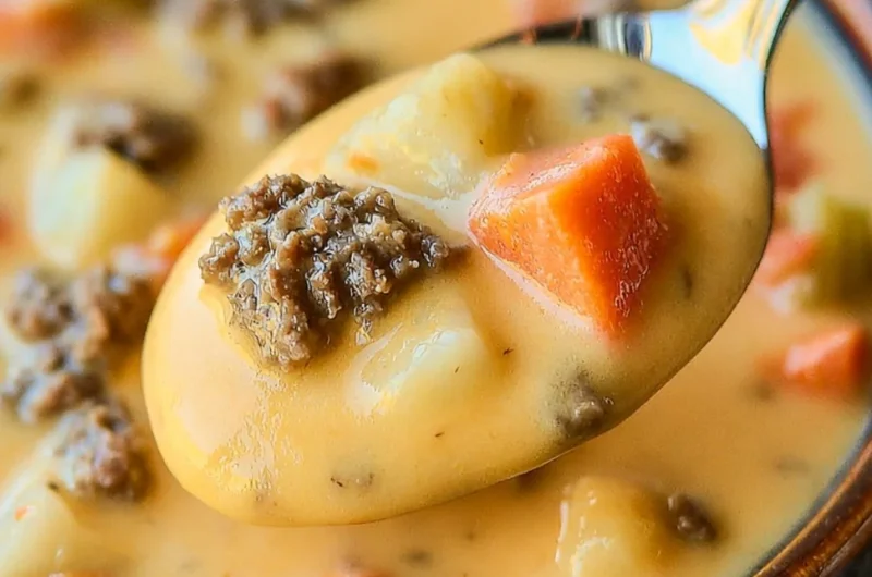 Delicious Crockpot Cheeseburger Soup in a bowl ready to serve