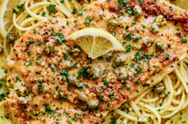 Easy chicken piccata with lemon-caper sauce served on a plate.