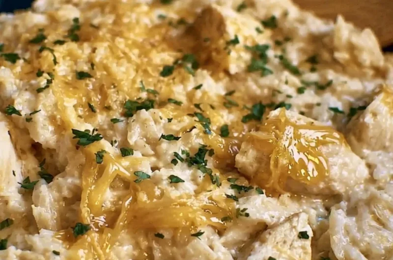 Delicious easy crock pot chicken and rice dish served in a bowl.
