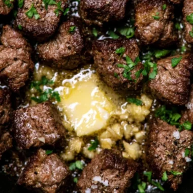 Easy garlic butter steak bites served on a plate