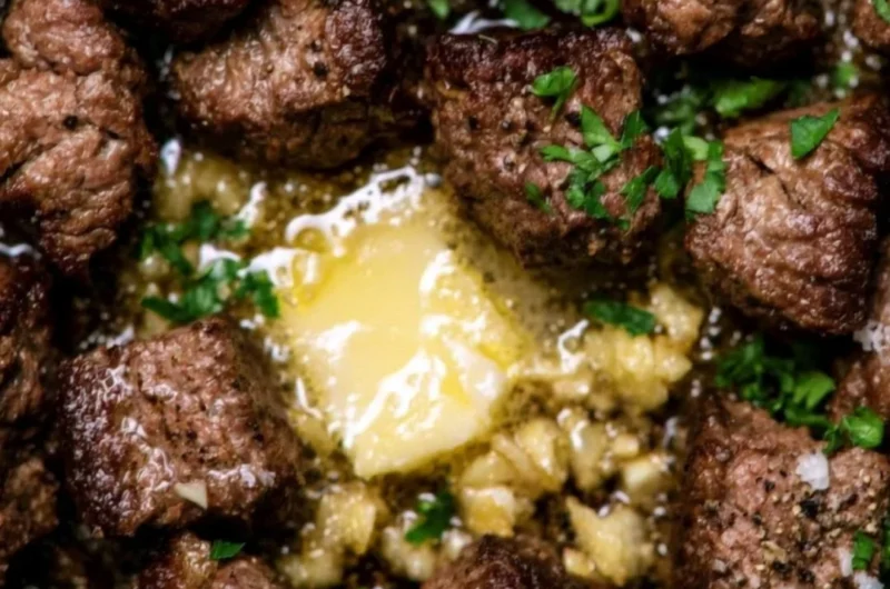 Easy garlic butter steak bites served on a plate