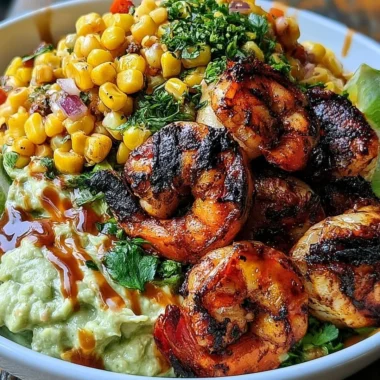 Easy grilled shrimp bowl with avocado and corn salsa
