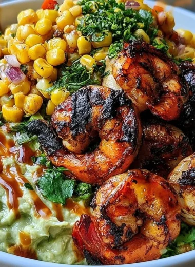 Easy grilled shrimp bowl with avocado and corn salsa