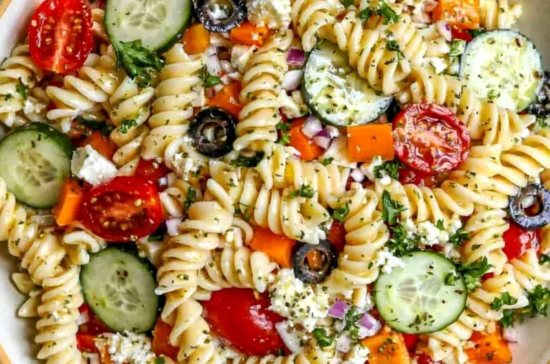 Colorful bowl of easy pasta salad with fresh vegetables and dressing