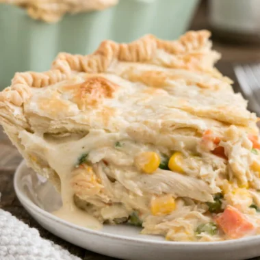 Delicious easy semi-homemade chicken pot pie recipe featuring Campbell's soup.