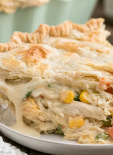 Delicious easy semi-homemade chicken pot pie recipe featuring Campbell's soup.