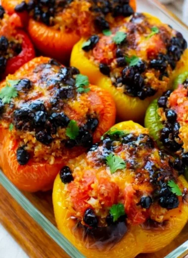 Easy vegetarian stuffed peppers filled with rice, beans, and vegetables