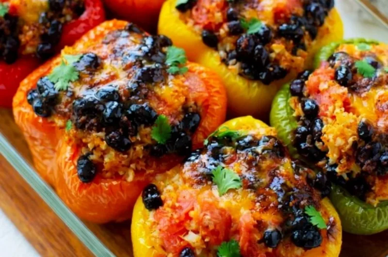 Easy vegetarian stuffed peppers filled with rice, beans, and vegetables