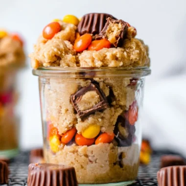 Delicious edible peanut butter cookie dough in a bowl with chocolate chips.