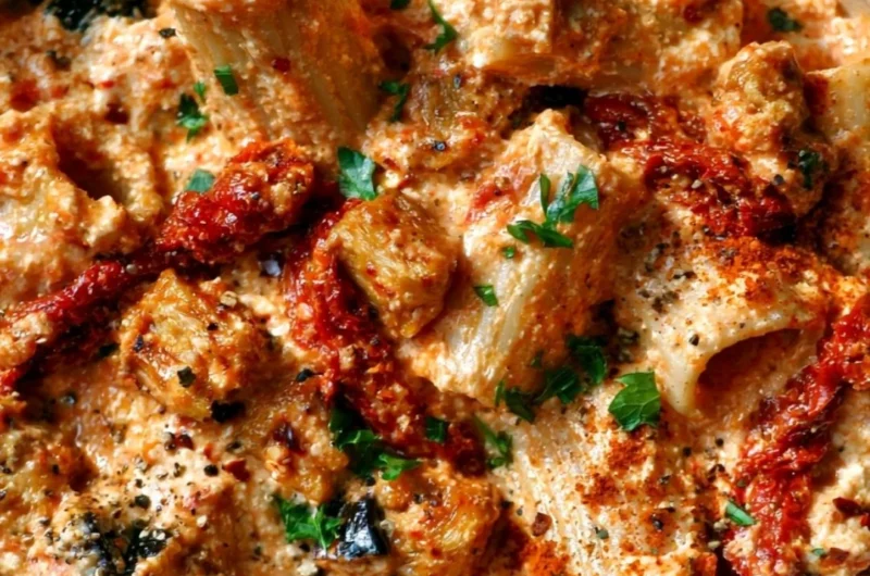 Creamy eggplant and sun-dried tomato ricotta pasta served in a bowl