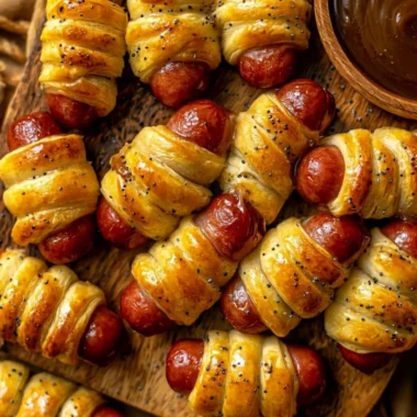 Delicious glazed pigs in a blanket served on a platter with dipping sauce