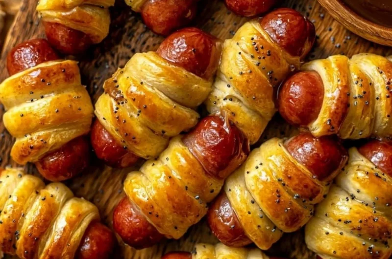 Delicious glazed pigs in a blanket served on a platter with dipping sauce