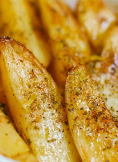 Delicious Greek Lemon Potatoes, beautifully roasted and garnished.
