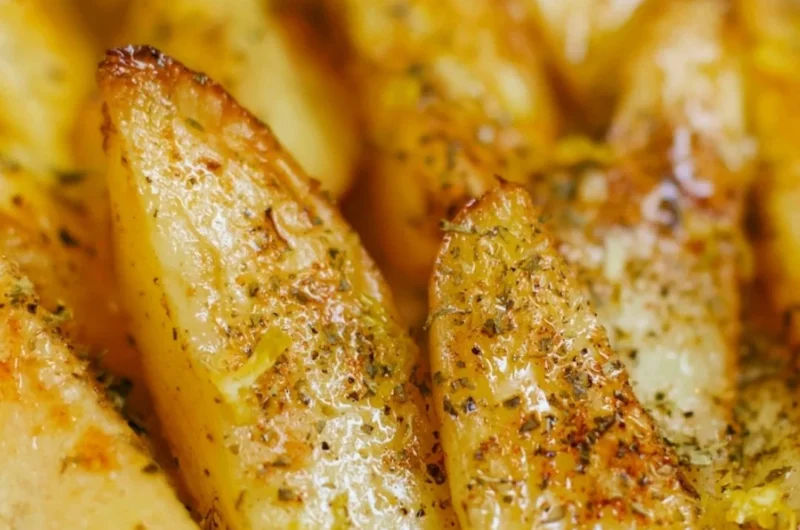 Delicious Greek Lemon Potatoes, beautifully roasted and garnished.