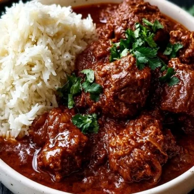 Delicious Lamb Madras Curry served in a bowl, garnished with fresh cilantro.