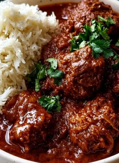 Delicious Lamb Madras Curry served in a bowl, garnished with fresh cilantro.