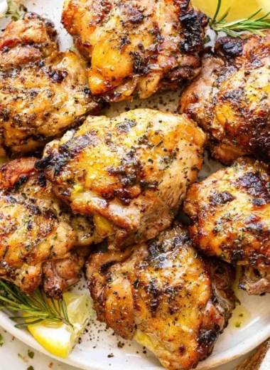 Lemon & Garlic Greek Marinated Chicken served on a plate with fresh herbs