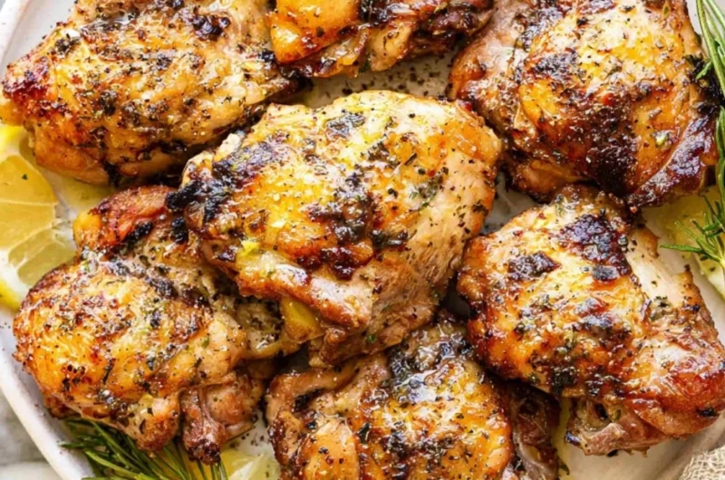 Lemon & Garlic Greek Marinated Chicken served on a plate with fresh herbs
