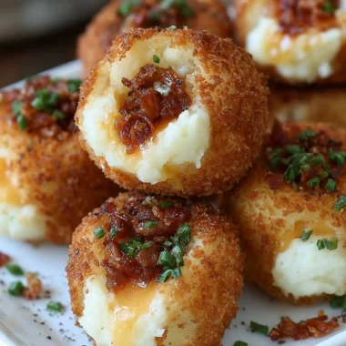 Golden crispy loaded mashed potato bites topped with cheese and bacon