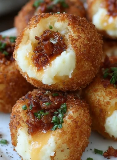 Golden crispy loaded mashed potato bites topped with cheese and bacon