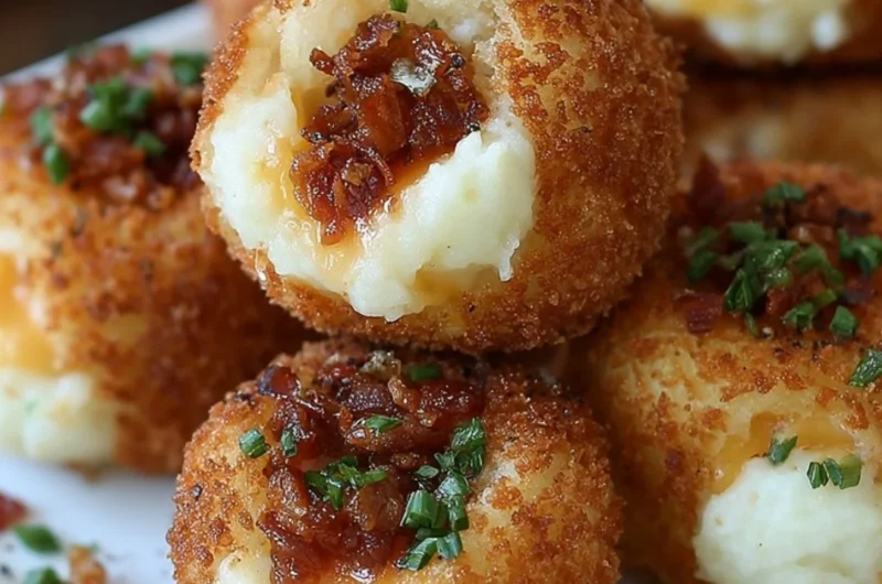 Golden crispy loaded mashed potato bites topped with cheese and bacon