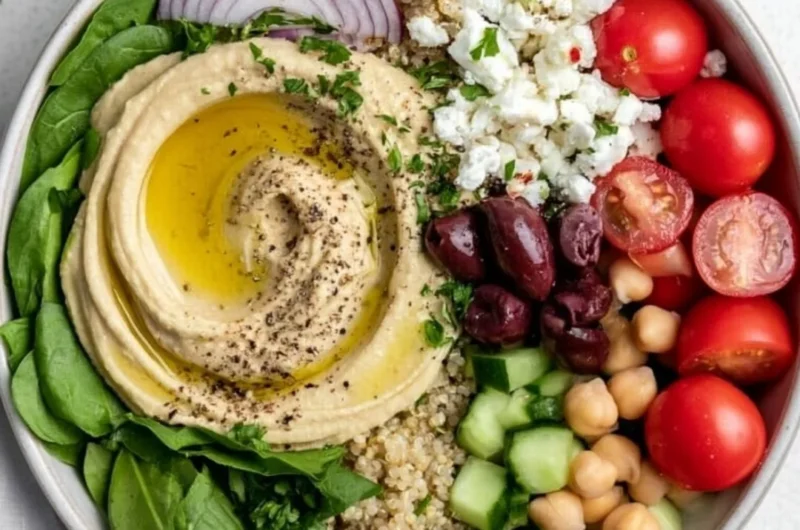 Mediterranean hummus bowl topped with fresh vegetables and spices