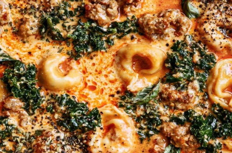 One-pot creamy tortellini soup made in a Le Creuset Dutch oven