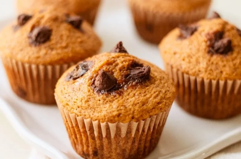 Freshly baked pumpkin chocolate muffins on a rustic wooden table