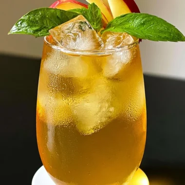 Glass of refreshing iced apple green tea with blueberries and ice